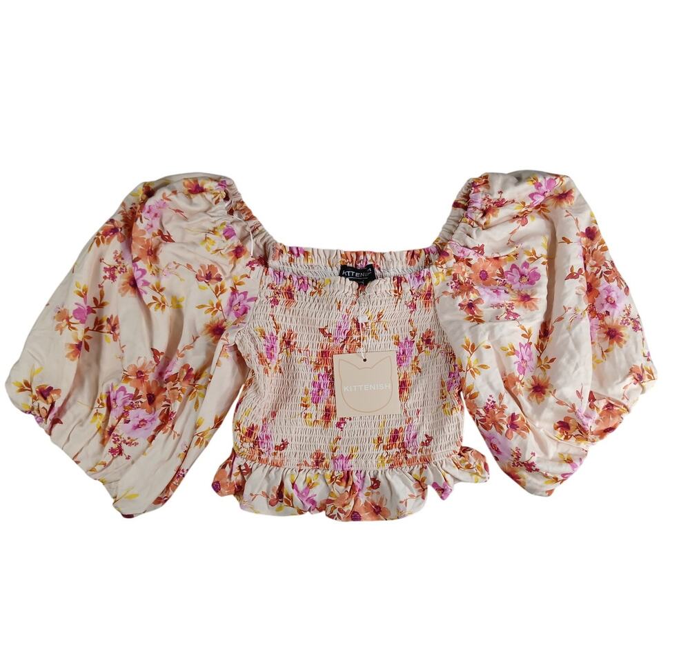 Kittenish Blouse Top Womens Medium Pink Floral Cropped Ruched Puff Sleeve NWT